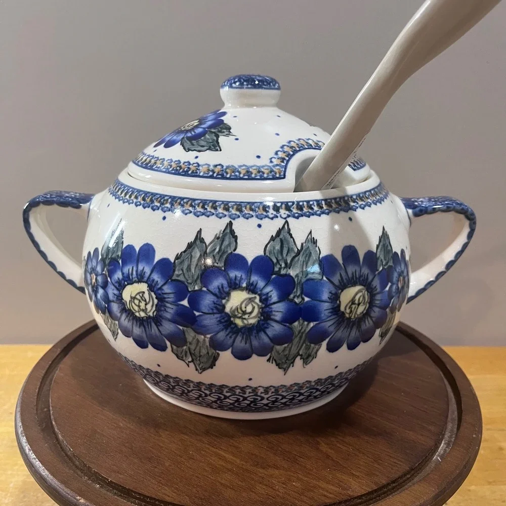 Vtg Polish Pottery Blue Floral Soup Tureen Set with Lid and Ladle Hand Painted
